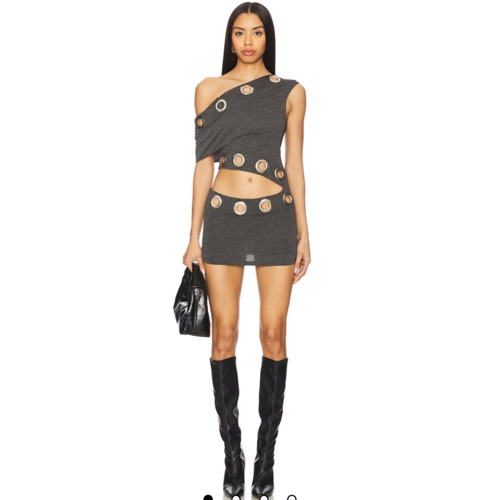 Asymmetric Eyelet Dress in Dark Grey